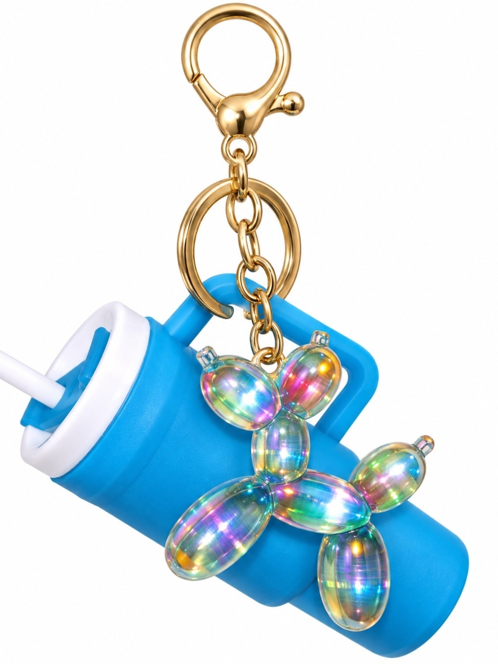 Blue Drink Bottle Keychain with Yellow Iridescent Balloon Dog Charm